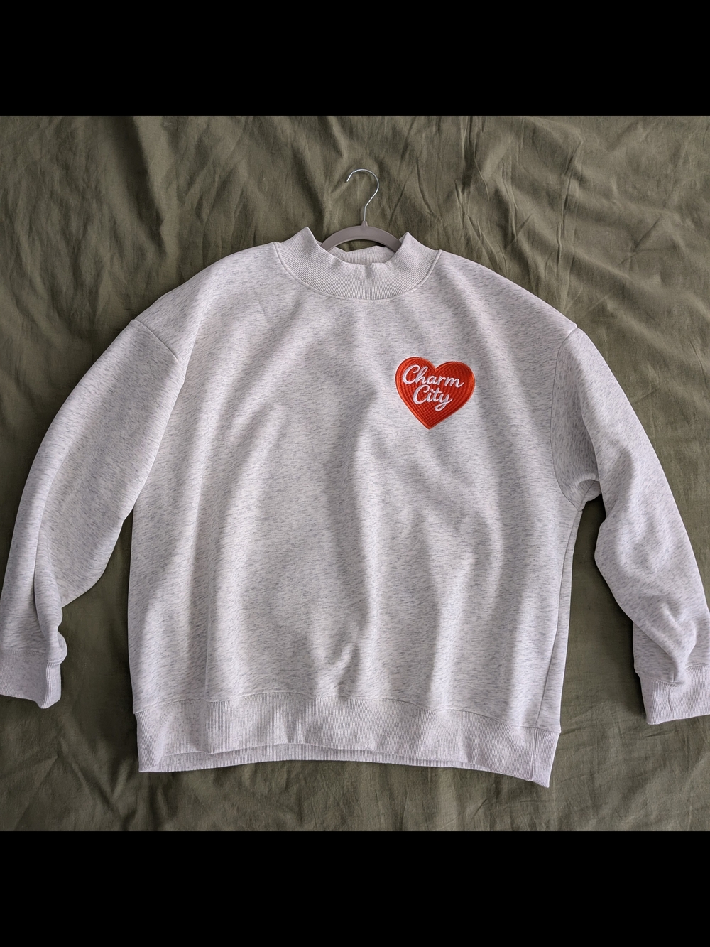 Light Gray Baltimore Sweatshirt with Orange Heart 'Charm City' Embroidery